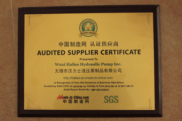 China WUXI HALIES HYDRAULIC PUMP INC certification
